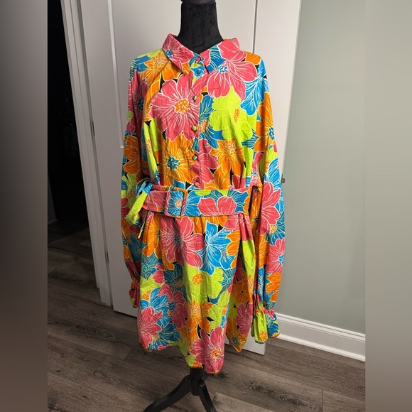 ASOS LUXE CURVE PEEKABOO FLARE SLEEVE SHIRT DRESS FLORAL bright - Picture 2 of 8